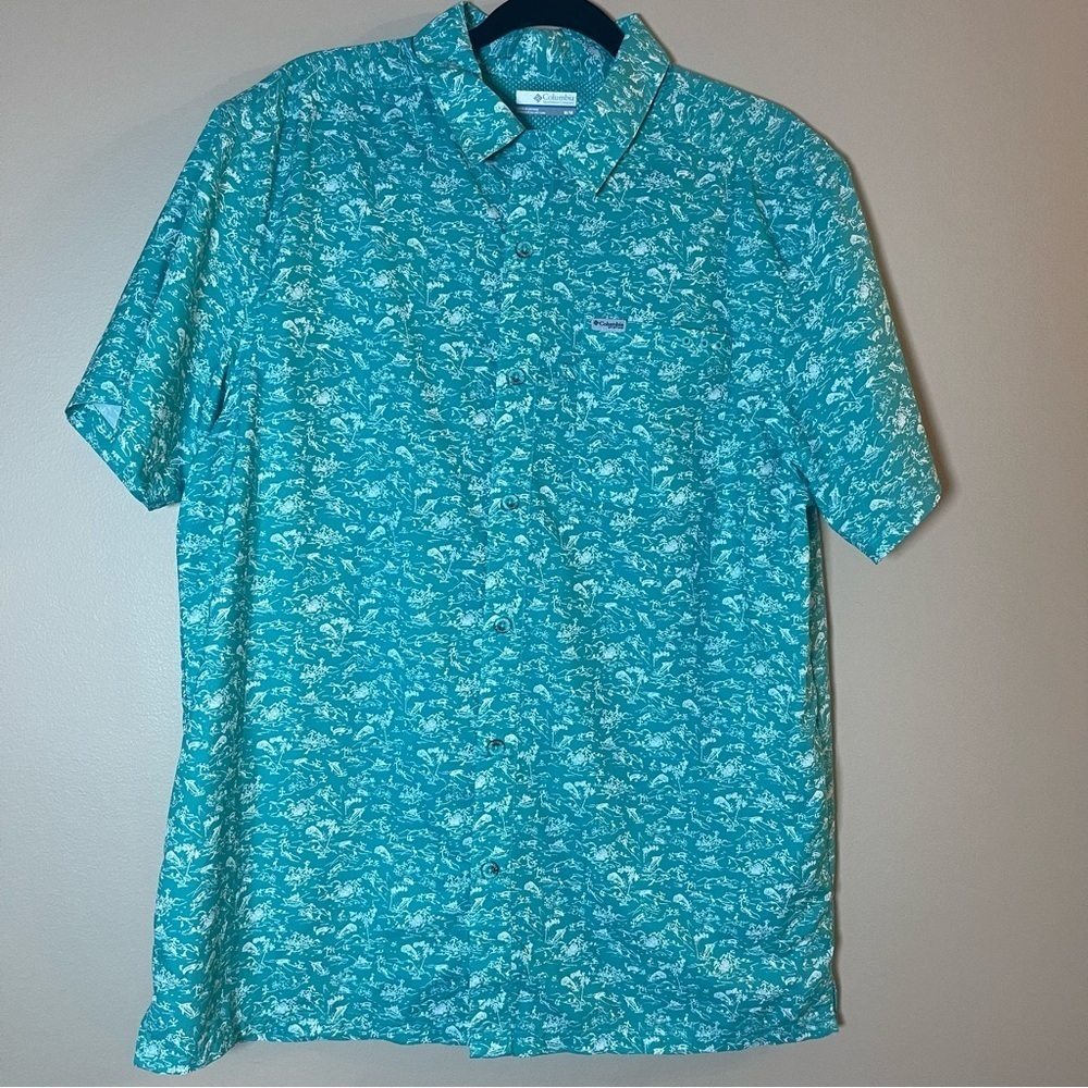 Columbia Teal and White Fish Button Down PFG Shirt